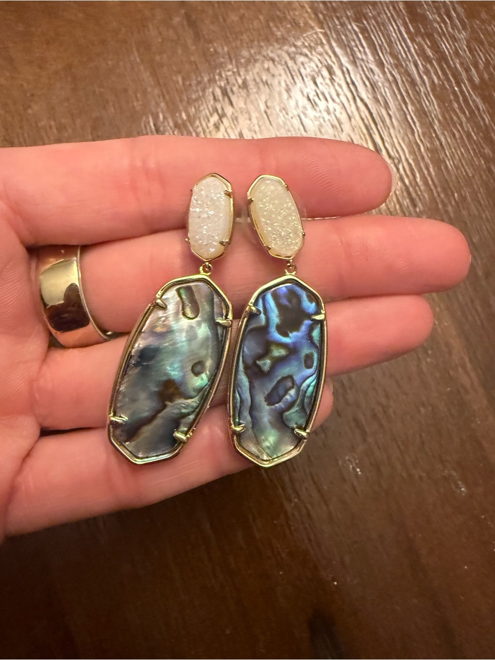 Kendra Scott Abalone Shell White Druzy Gold Drop Earrings